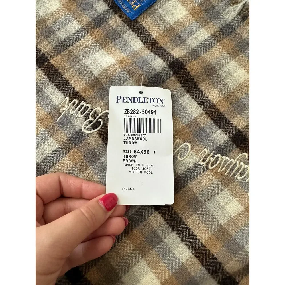 Pendleton Vintage 1990s Gray Tan Plaid Wool Fringe Blanket Deadstock 54” x 66”